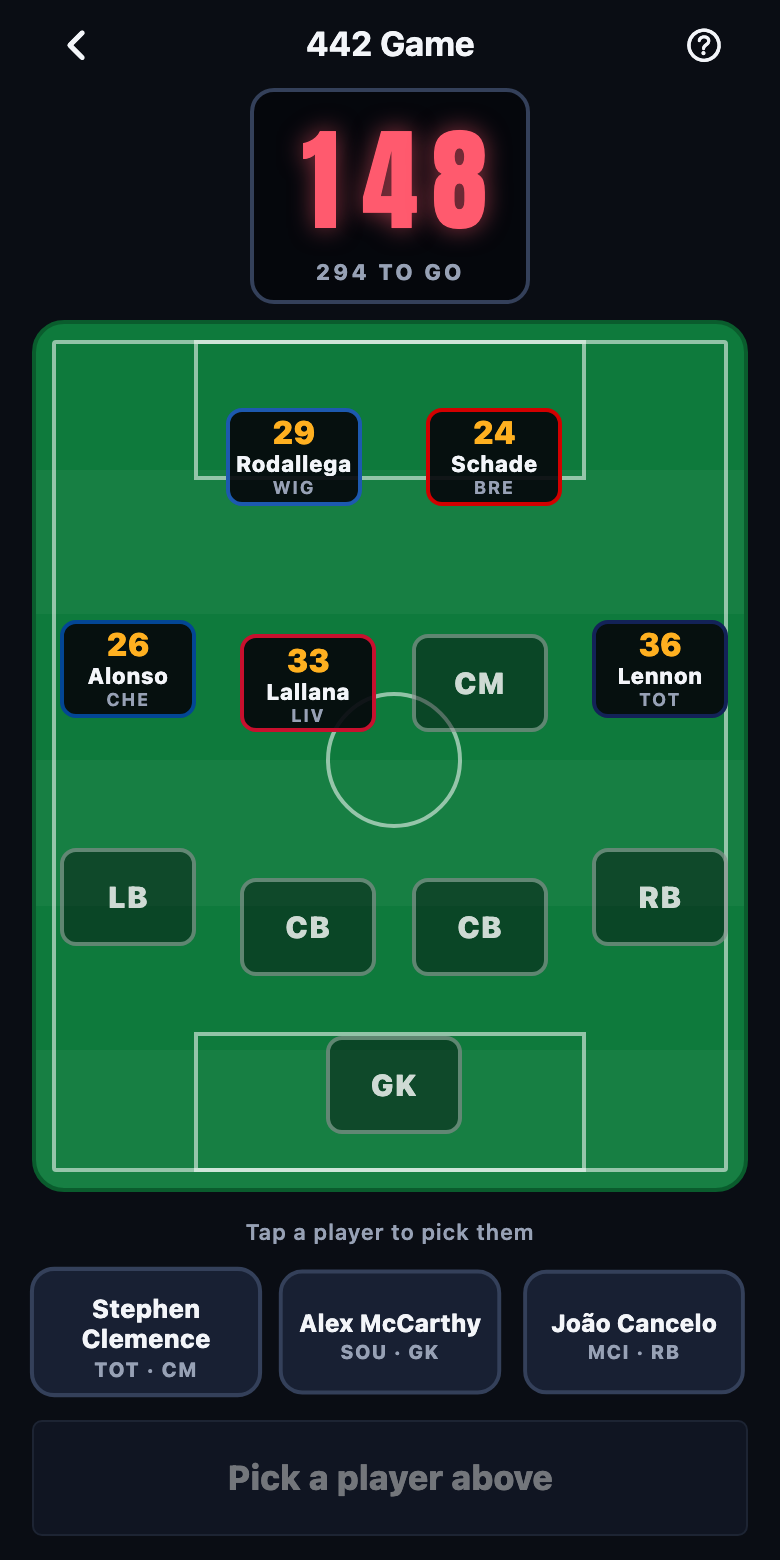 The play screen: a scoreboard reading 442 to go, an empty 4-4-2 and a reel of three players to pick from